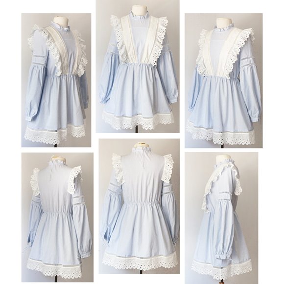 Blue Striped Cotton Eyelet Embroidery Ruffle Dress - Picture 7 of 8